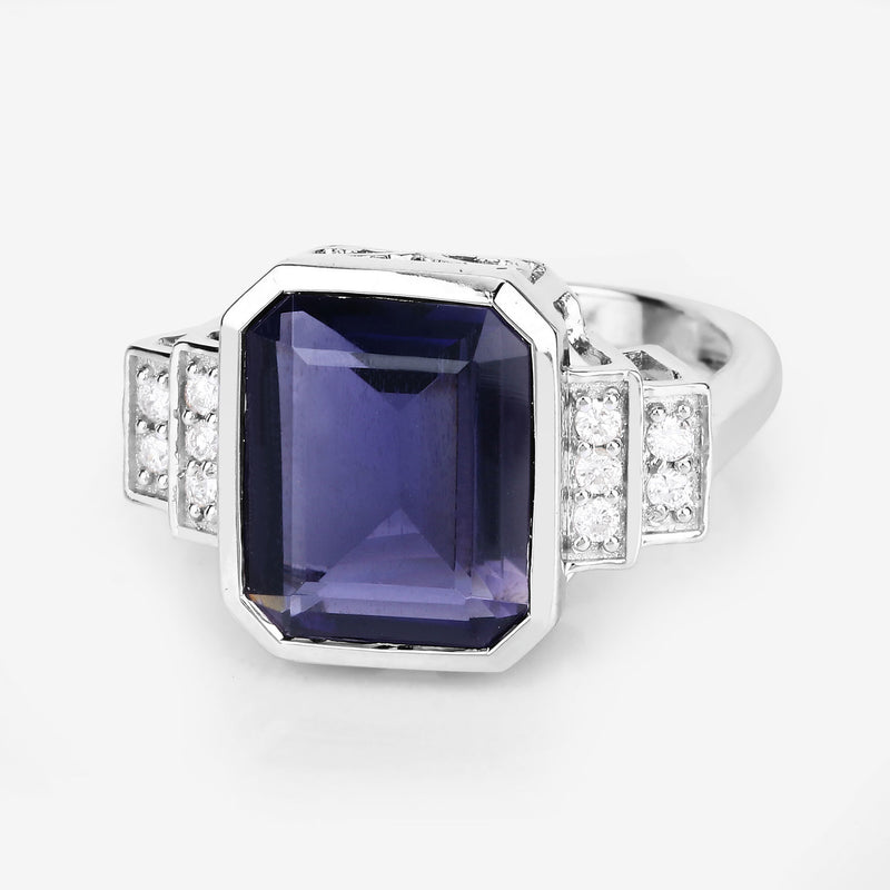 4.27 Carat Genuine Iolite and White Diamond 14K White Gold Ring