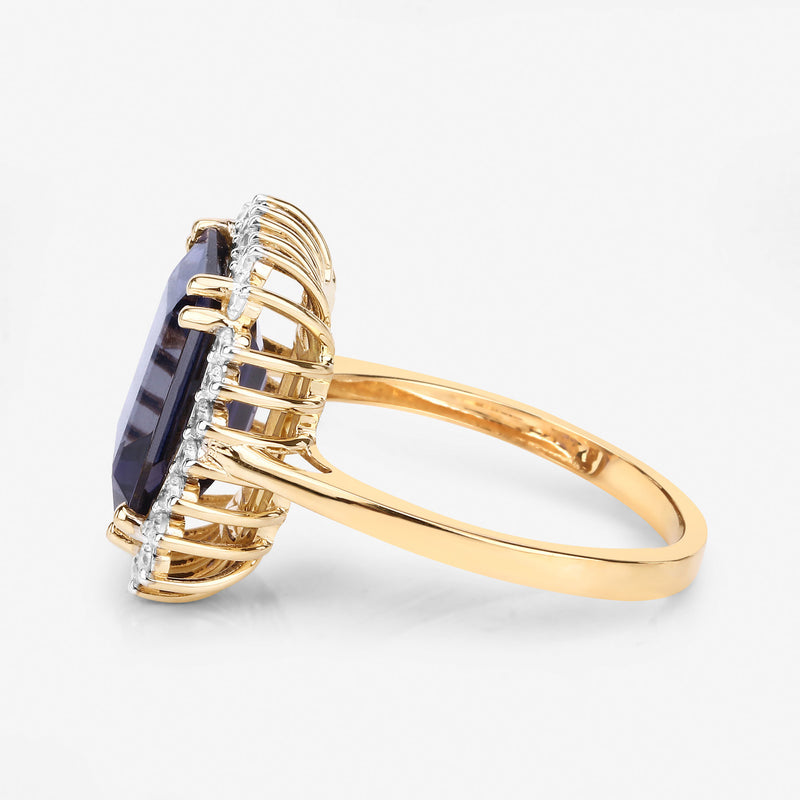 4.59 Carat Genuine Iolite and White Diamond 14K Yellow Gold Ring