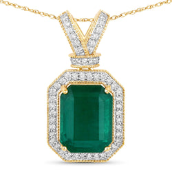 IGI Certified 7.91 Carat Genuine Zambian Emerald and White Diamond 14K Yellow Gold Pendant