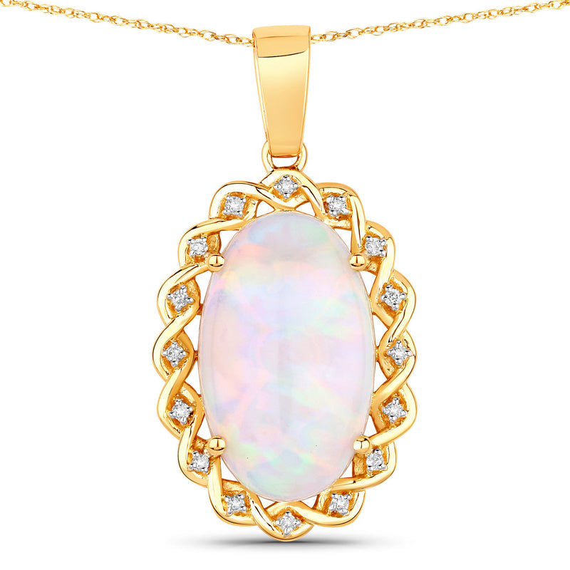 8.02 Carat Genuine Ethiopian Opal and White Diamond 14K Yellow Gold Pendant