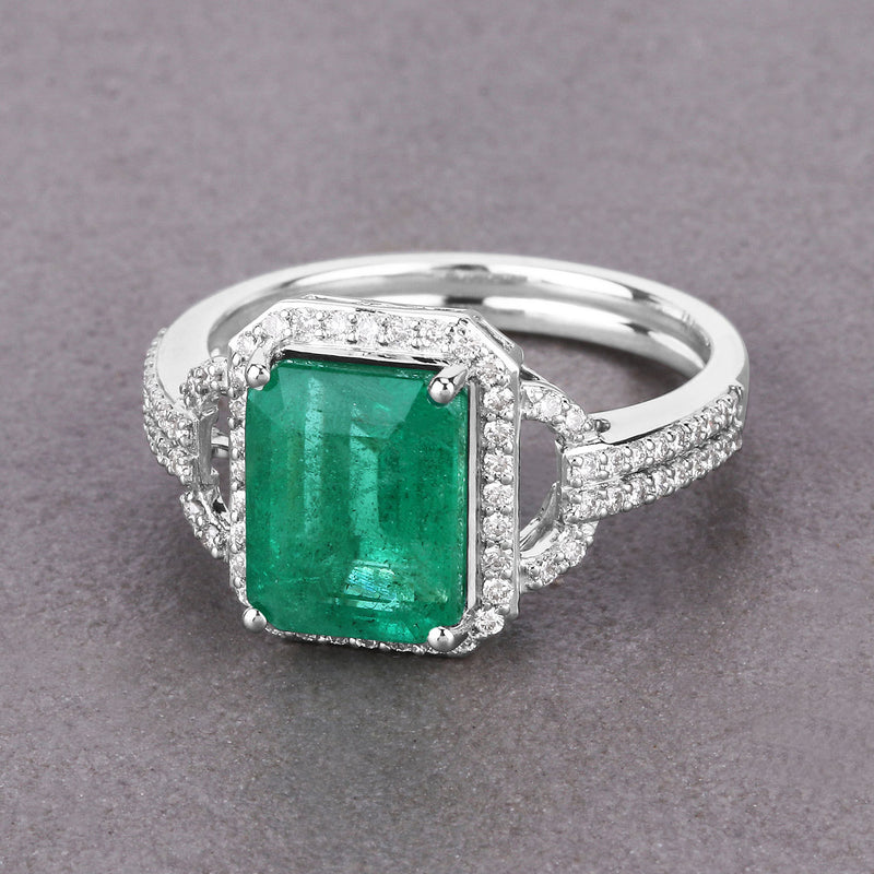 IGI Certified 3.54 Carat Genuine Zambian Emerald and White Diamond 14K White Gold Ring