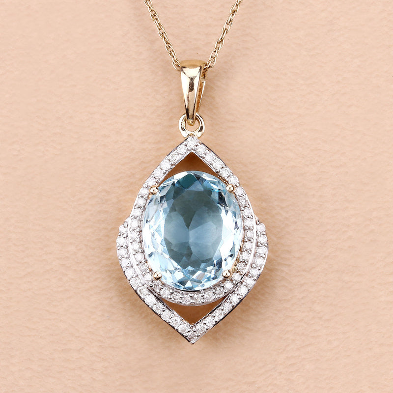 3.82 Carat Genuine Aquamarine and White Diamond 14K Yellow Gold Pendant