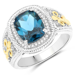 3.59 Carat Genuine London Blue Topaz and White Diamond 14K Yellow Gold with .925 Sterling Silver Ring