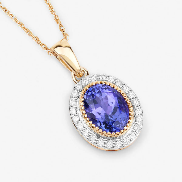 2.13 Carat Genuine Tanzanite and White Diamond 14K Yellow Gold Pendant