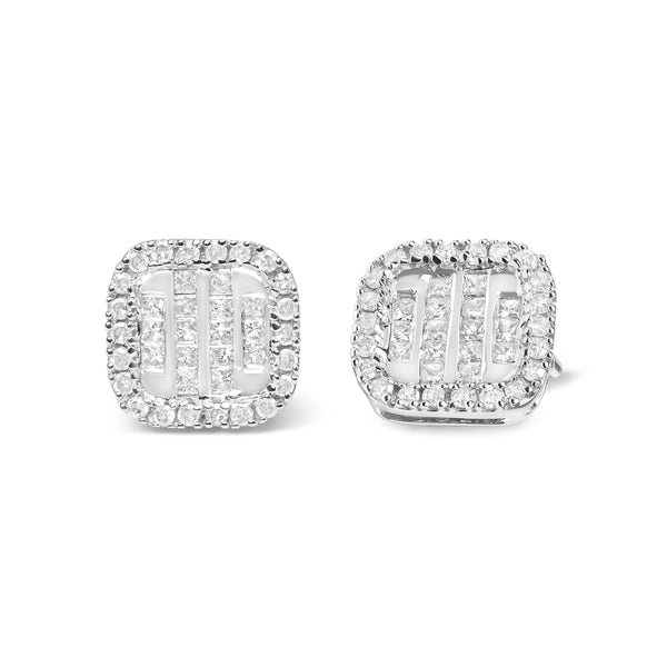 10K White Gold 7/8 Cttw Diamond Princess Composite and Halo Stud Earrings (I-J Color, I1-I2 Clarity)