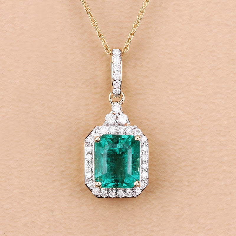 IGI Certified 2.37 Carat Genuine Zambian Emerald and White Diamond 14K Yellow Gold Pendant