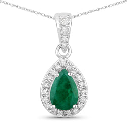 0.77 Carat Genuine Zambian Emerald and White Diamond 14K White Gold Pendant