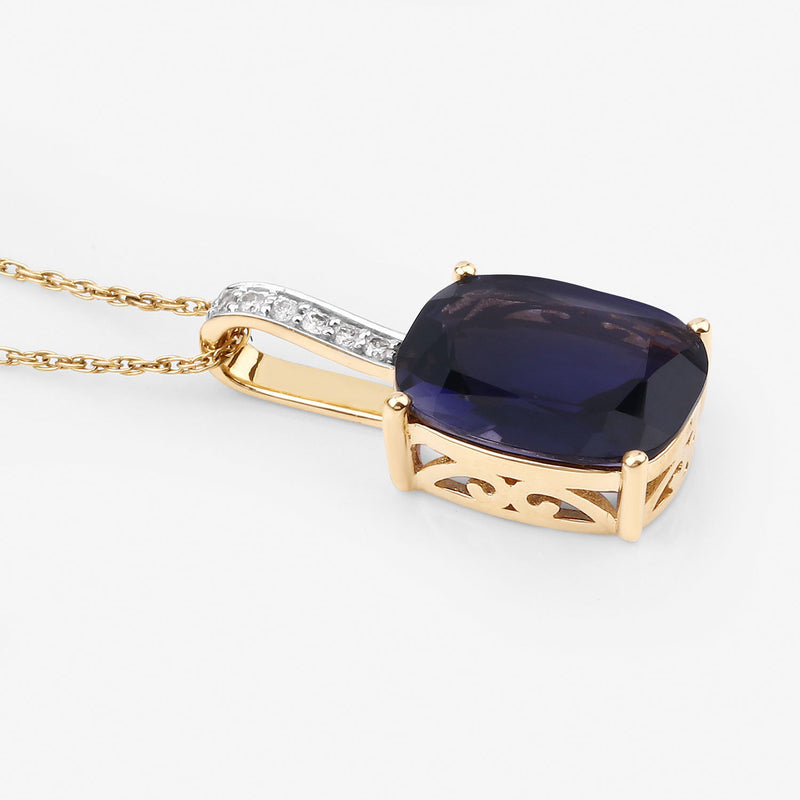 3.06 Carat Genuine Iolite and White Diamond 14K Yellow Gold Pendant