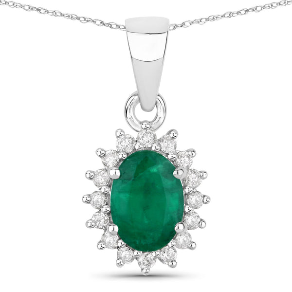 0.86 Carat Genuine Zambian Emerald and White Diamond 14K White Gold Pendant