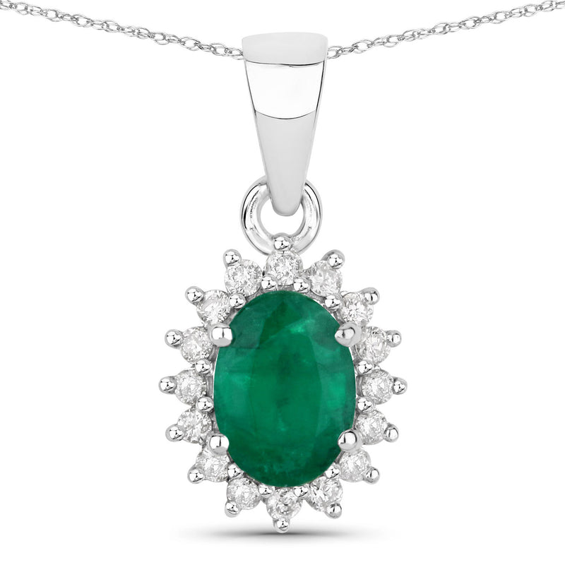 0.86 Carat Genuine Zambian Emerald and White Diamond 14K White Gold Pendant