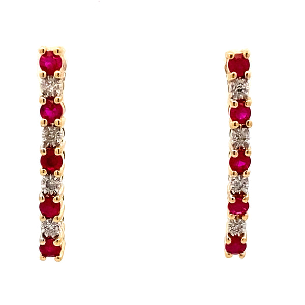 .04ct Ruby Diamond Stick Earrings 14KT Yellow Gold