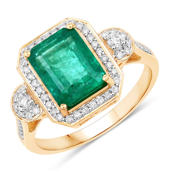 IGI Certified 2.87 Carat Genuine Zambian Emerald and White Diamond 14K Yellow Gold Ring