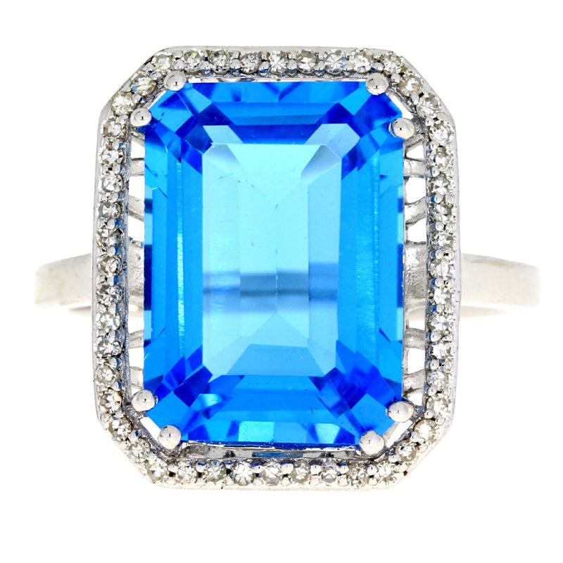 Natural 9.45ct Blue Topaz Diamond Ring 14KT White Gold