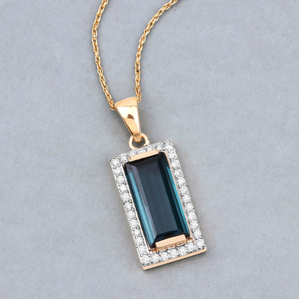 3.64 Carat Genuine Green Tourmaline and White Diamond 14K Yellow Gold Pendant