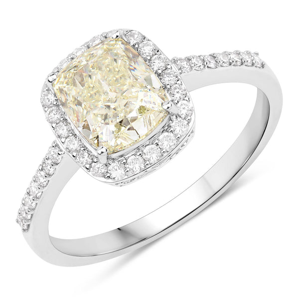 IGI Certified 2.05 Carat Genuine Light Yellow Diamond Center and 0.29cttw White Diamond 18K White Gold Ring (2.34cttw)