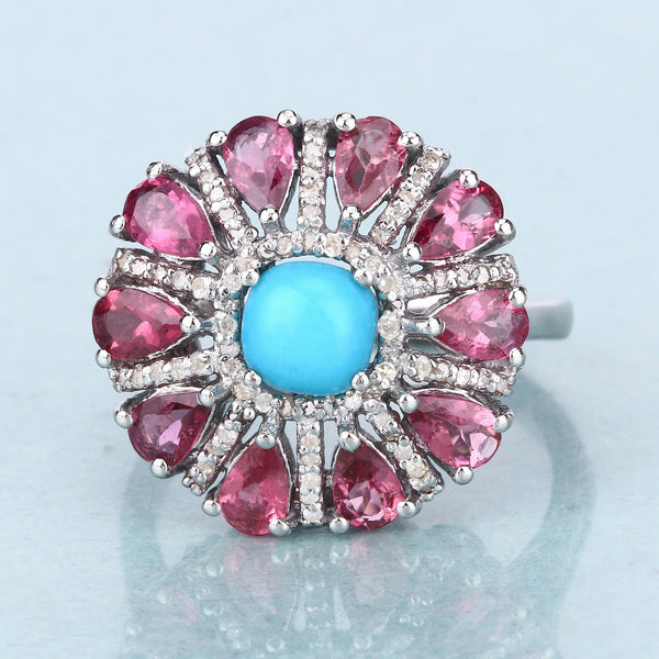 2.95 Carat Genuine Pink Tourmaline, Turquoise and White Diamond .925 Sterling Silver Ring