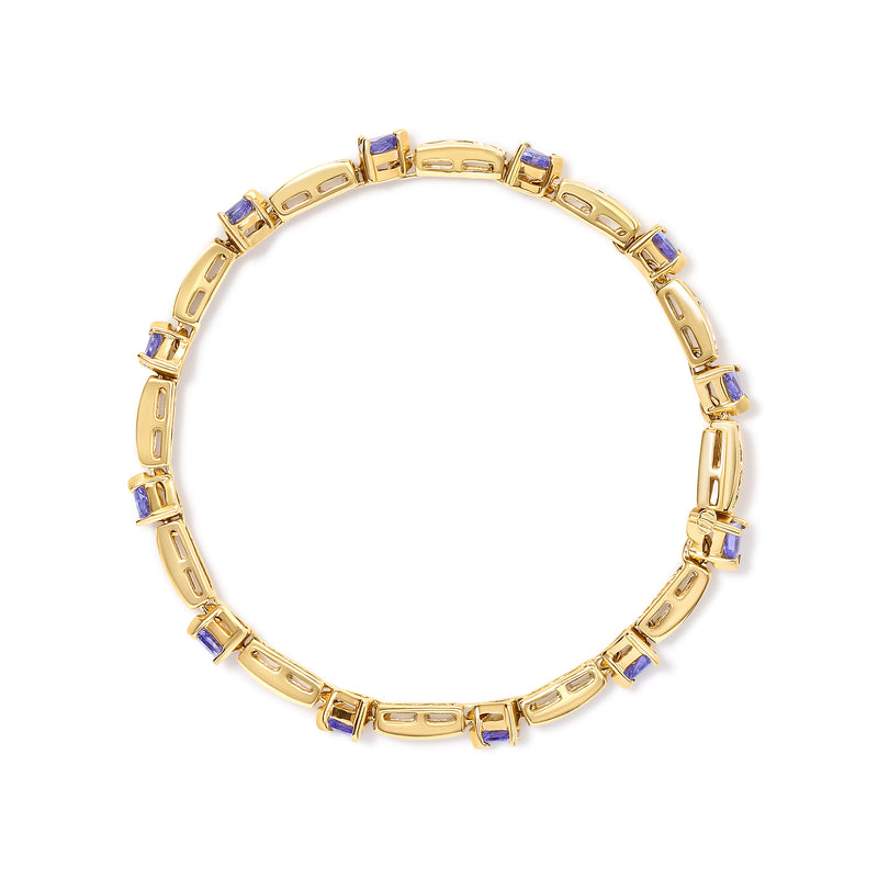 14K Yellow 5MM Trillion Cut Blue Tanzanite and 1 1/10 Cttw Diamond Tennis 7" Inches Bracelet (H-I Color, I1-I2 Clarity)