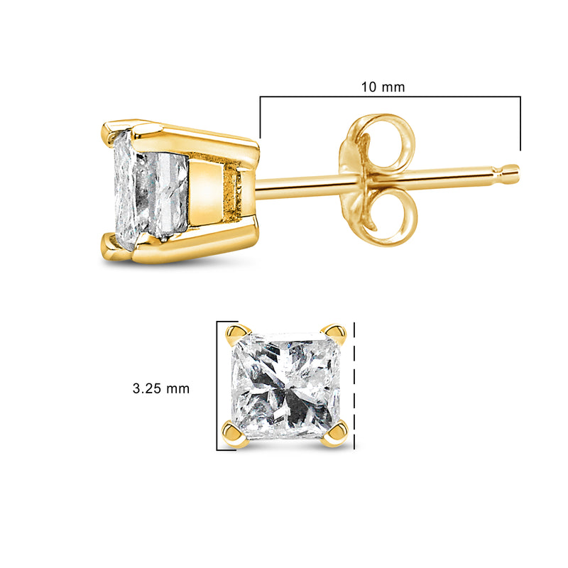 IGI Certified 14k Yellow Gold 1/2 cttw 4-Prong Set Princess-Cut Solitaire Diamond Push Back Stud Earrings (M-N Color, SI2-I1 Clarity)