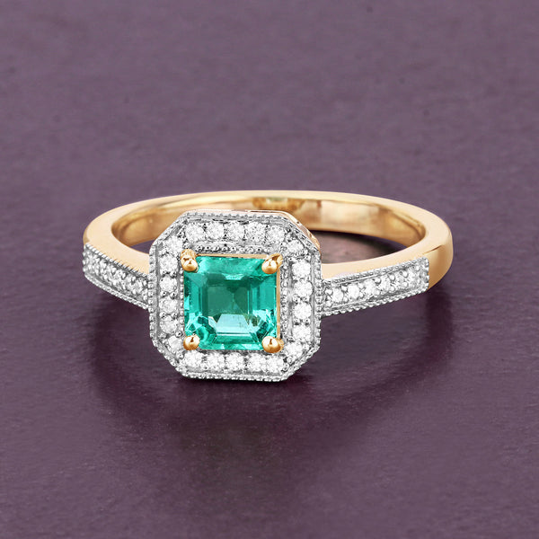 0.82 Carat Genuine Emerald and White Diamond 14K Yellow Gold Ring