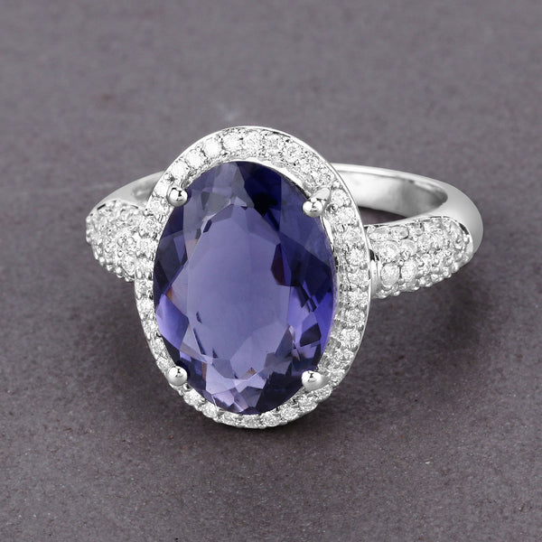 4.41 Carat Genuine Iolite and White Diamond 14K White Gold Ring