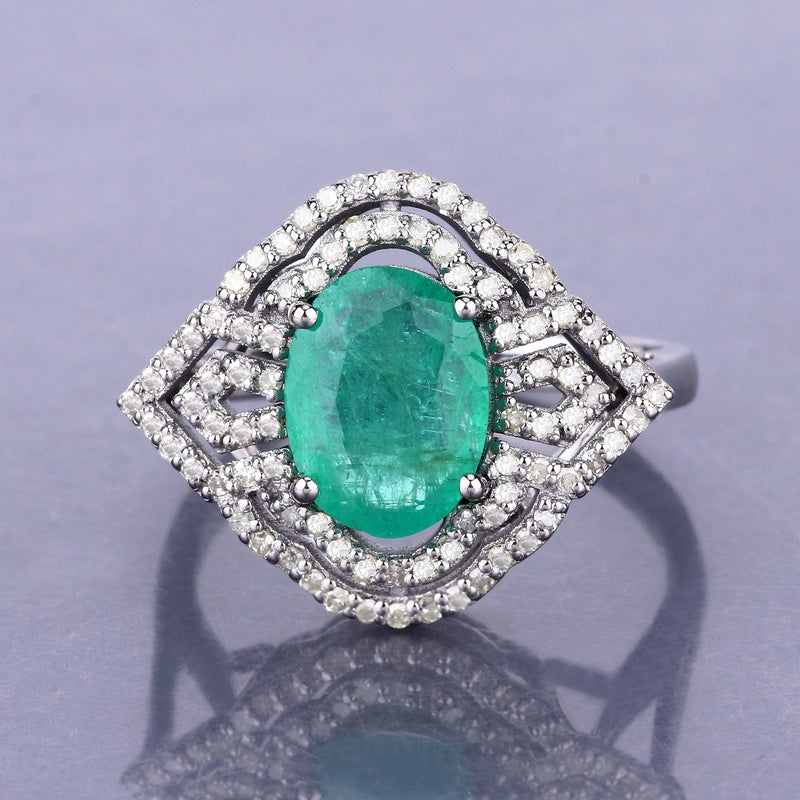 2.96 Carat Genuine Emerald and White Diamond .925 Sterling Silver Ring