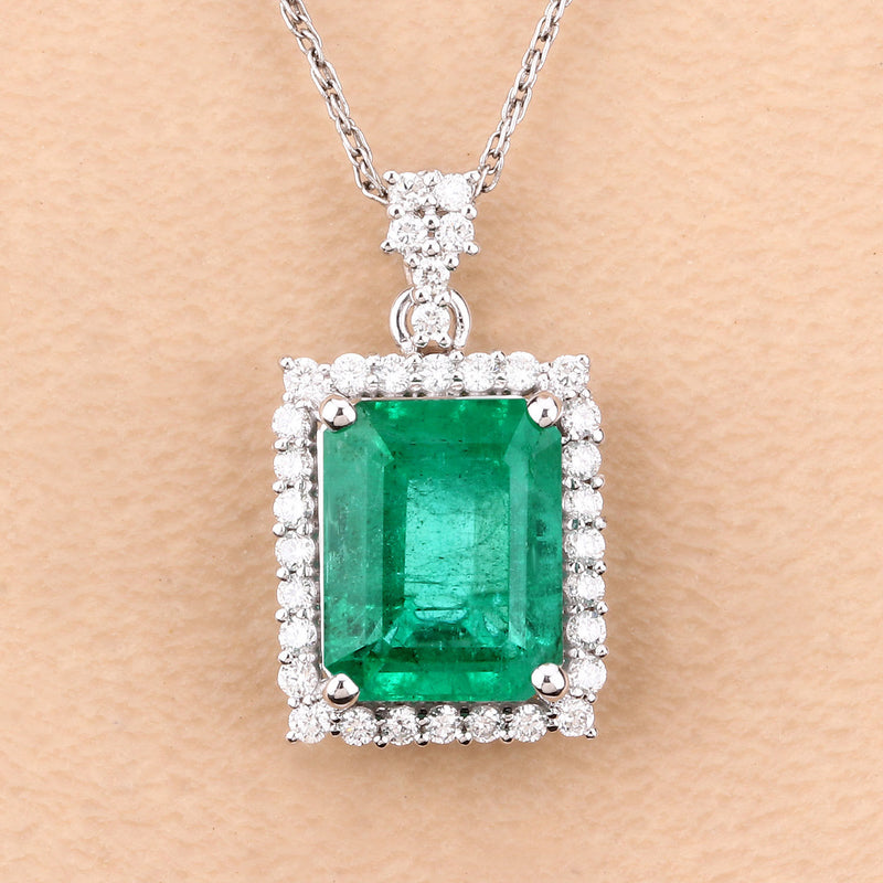 IGI Certified 3.11 Carat Genuine Zambian Emerald and White Diamond 14K White Gold Pendant