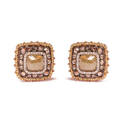 14K Rose Gold 5 7/8 Cttw Fancy Color Rose Cut Diamond Cushion Shape Triple Halo Stud Earring (Fancy Color, I2-I3 Clarity)