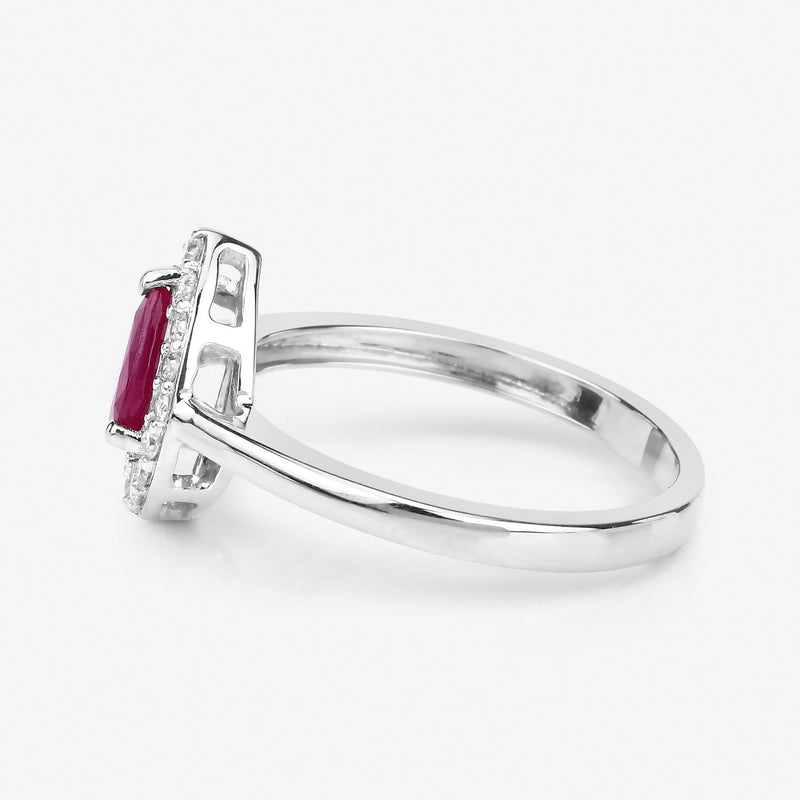 0.92 Carat Genuine Ruby and White Diamond 14K White Gold Ring