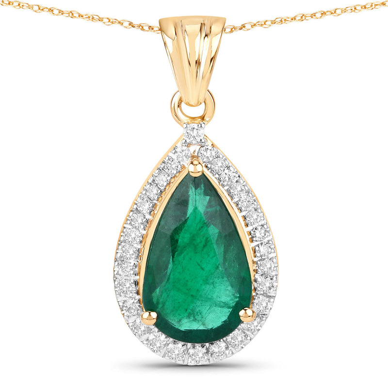 IGI Certified 2.37 Carat Genuine Zambian Emerald and White Diamond 14K Yellow Gold Pendant