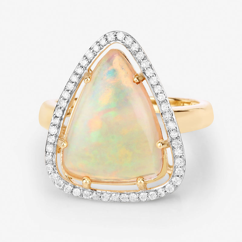 2.71 Carat Genuine Ethiopian Opal and White Diamond 14K Yellow Gold Ring