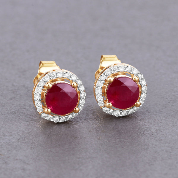 1.50 Carat Genuine Ruby and White Diamond 14K Yellow Gold Earrings