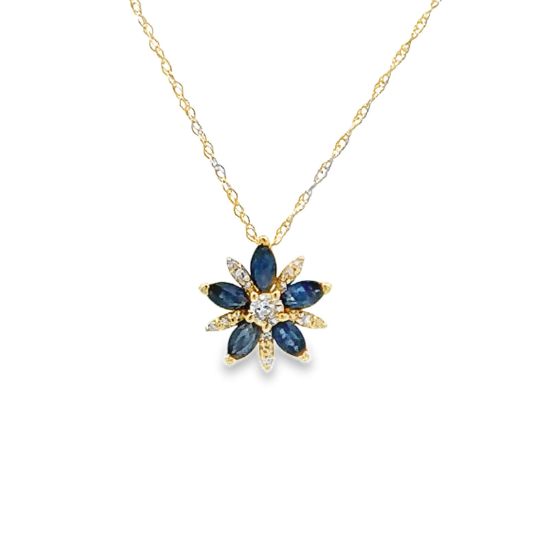 .44ct Sapphire Diamond Flower Pendant 10KT Yellow Gold