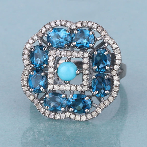 3.95 Carat Genuine London Blue Topaz, Turquoise and White Diamond .925 Sterling Silver Ring