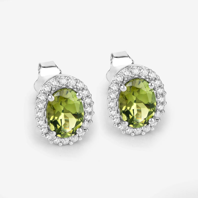 1.92 Carat Genuine Green Tourmaline and White Diamond 14K White Gold Earrings