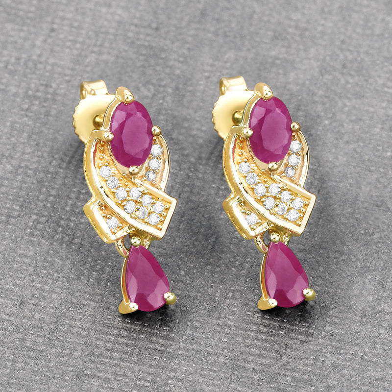 1.12 Carat Genuine Ruby and White Diamond 14K Yellow Gold Earrings