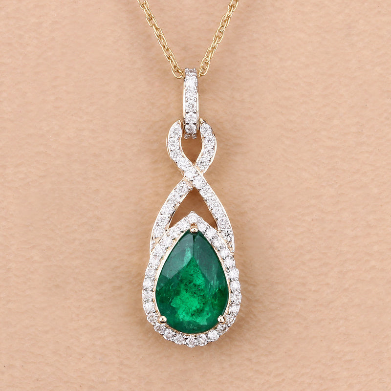 IGI Certified 1.75 Carat Genuine Zambian Emerald and White Diamond 14K Yellow Gold Pendant