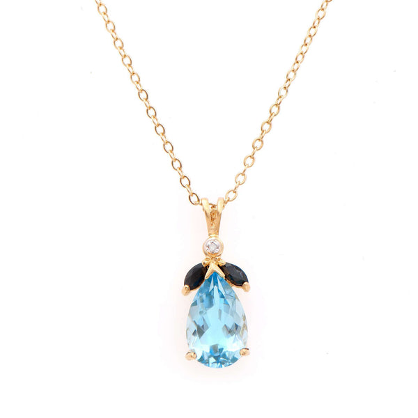 5.45 ctw Blue Topaz Sapphire Diamonds 18K Gold Plated Designer Pendant 18 in