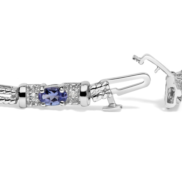 14K White Gold Blue Purple Tanzanite and Diamond Accent Cord Style Link Bracelet (H-I Color, SI1-SI2 Clarity) - 7" Inches