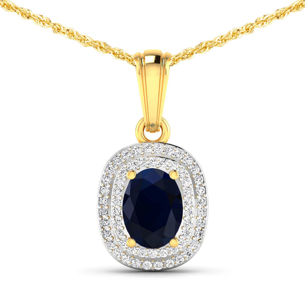 1.83 Carat Genuine Blue Sapphire and White Diamond 14K Yellow Gold Pendant