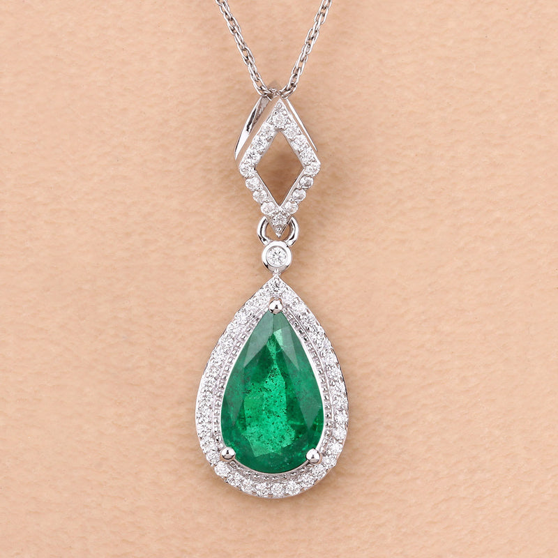 IGI Certified 1.81 Carat Genuine Zambian Emerald and White Diamond 14K White Gold Pendant