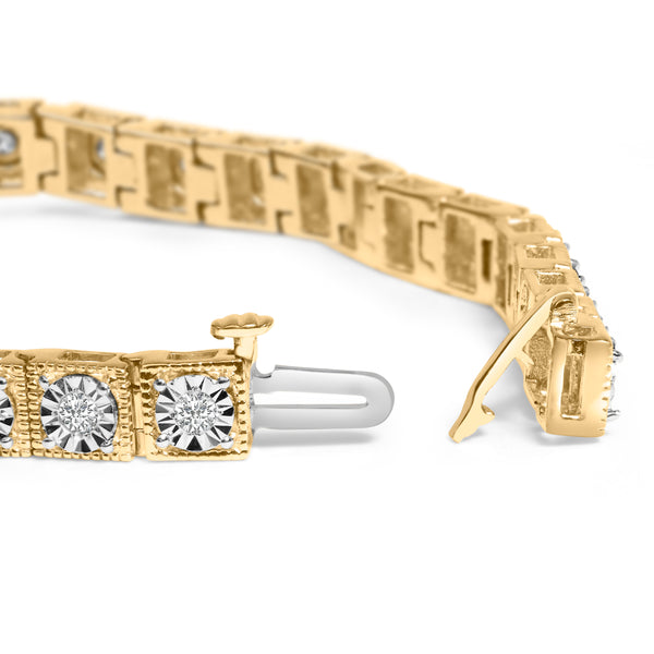 14K Yellow Gold Plated .925 Sterling Silver 1.0 Cttw Miracle Set Diamond Milgrain Link Tennis Bracelet (I-J Color, I2-I3 Clarity) - 7" Inches