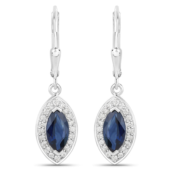 1.66 Carat Genuine Blue Sapphire and White Diamond 14K White Gold Earrings