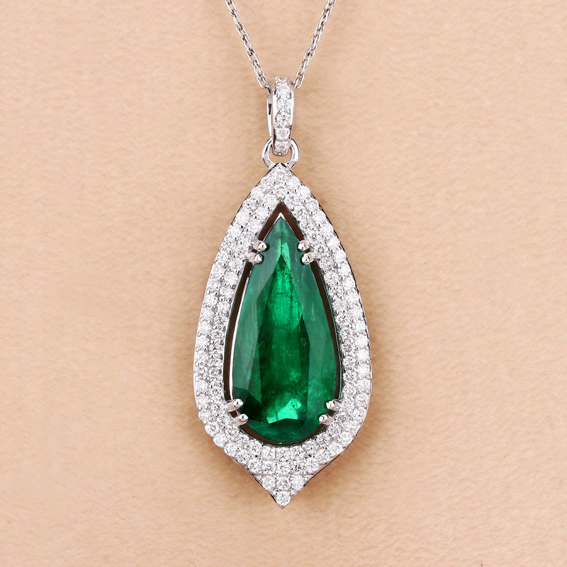 IGI Certified 5.37 Carat Genuine Zambian Emerald and White Diamond 14K White Gold Pendant