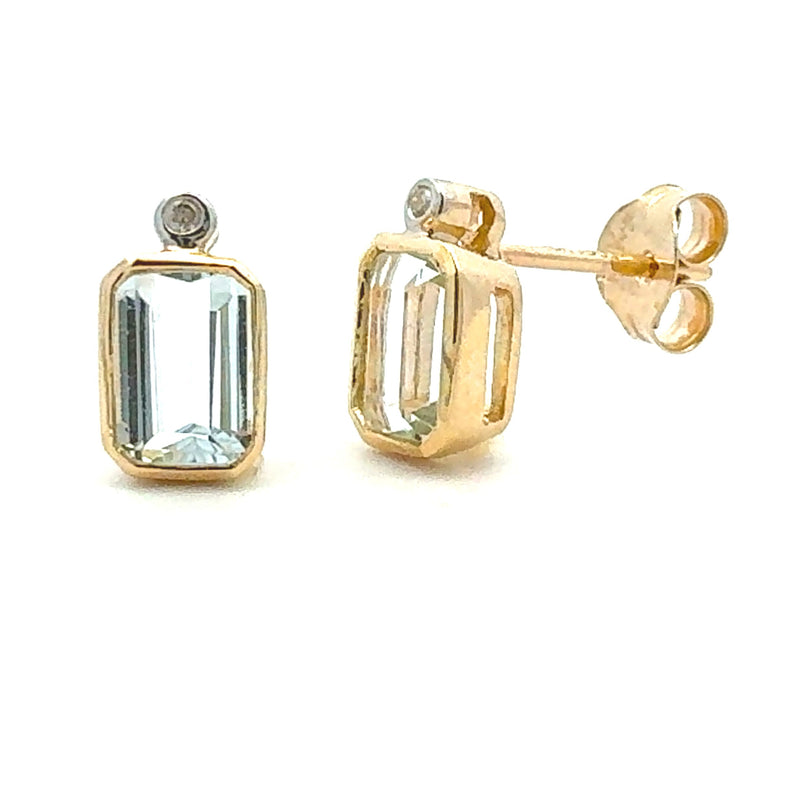 Aquamarine Diamond Stud Earrings 10KT Yellow Gold