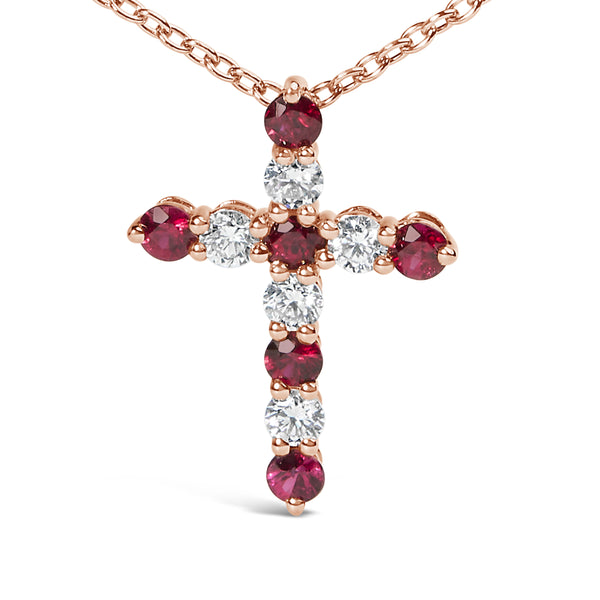 18K Rose Gold 1/2 Cttw Diamond and 2.9MM Round Red Ruby 11 Stone Cross 18" Pendant Necklace (F-G Color, VS2-SI1 Clarity)