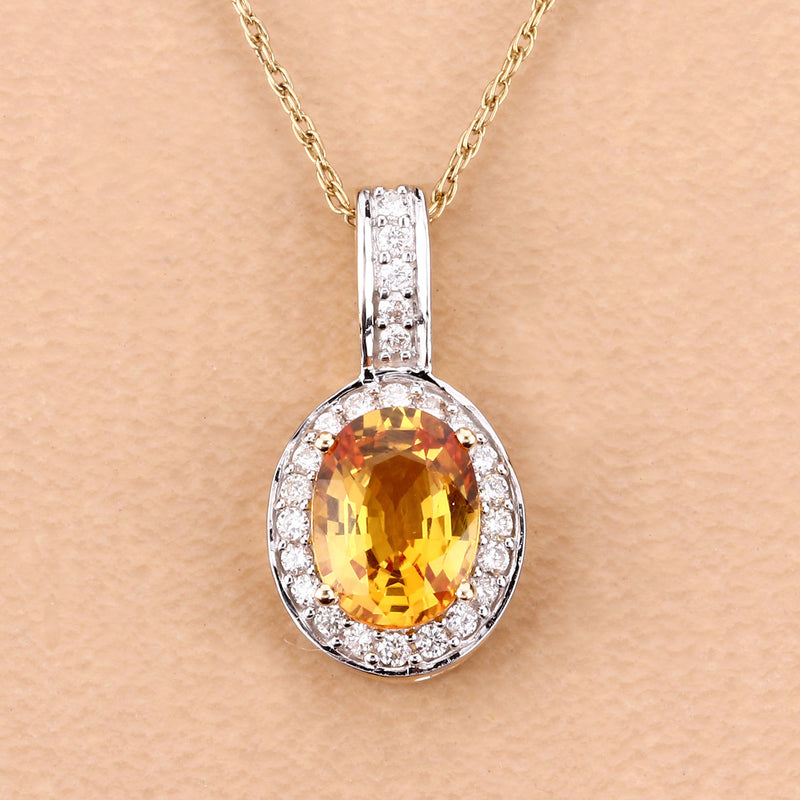 1.80 Carat Genuine Yellow Sapphire and White Diamond 14K Yellow Gold Pendant