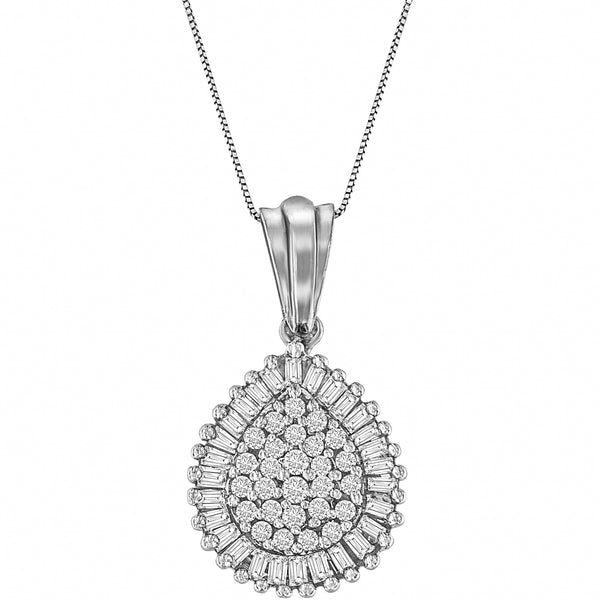 10K Yellow Gold 1/2 Cttw Round and Baguette Cut Diamond Oval Burst 18" Pendant Necklace (J-K Color, I1-I2 Clarity)