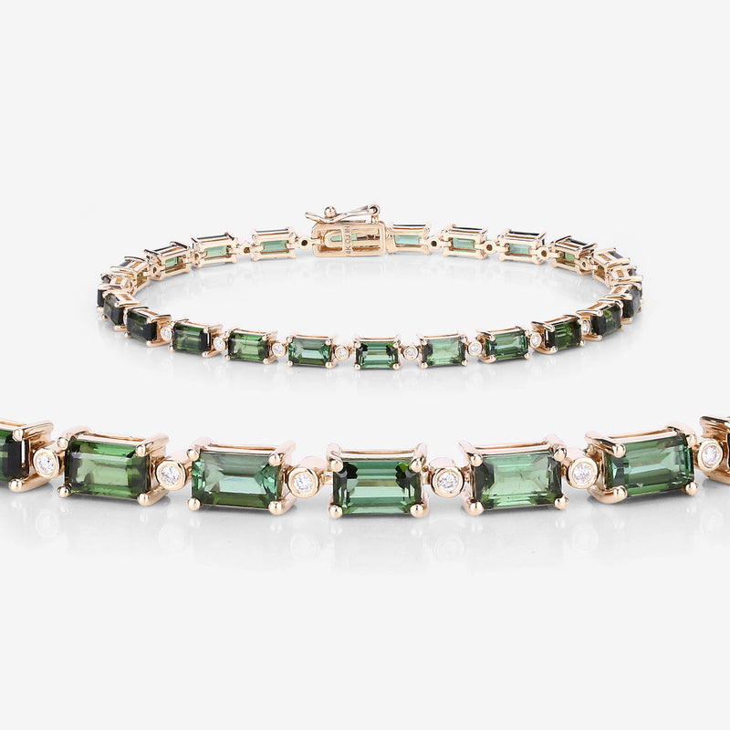 7.51 Carat Genuine Green Tourmaline and White Diamond 14K Yellow Gold Bracelet