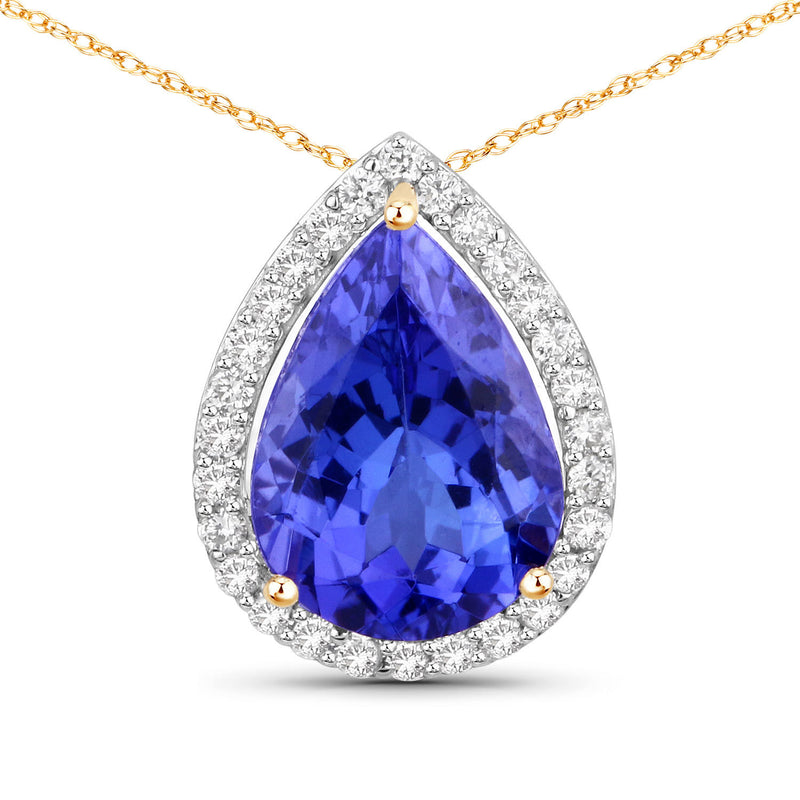 3.10 Carat Genuine Tanzanite and White Diamond 14K Yellow Gold Pendant