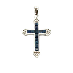 .82ct Sapphire Cross Religious Pendant 10KT White Gold